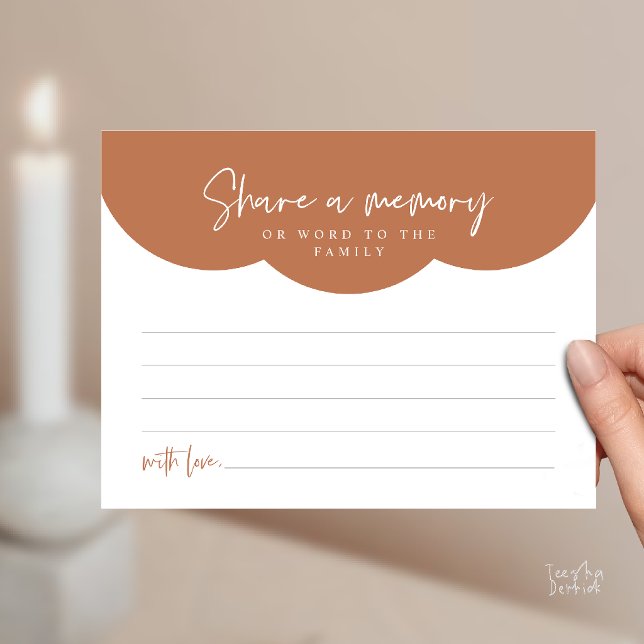 Tarjeta de servicio funerario, comparte un recuerd (Funeral Service, Share a memory or words to the family Memorial Card in Copper Terracotta Brown)