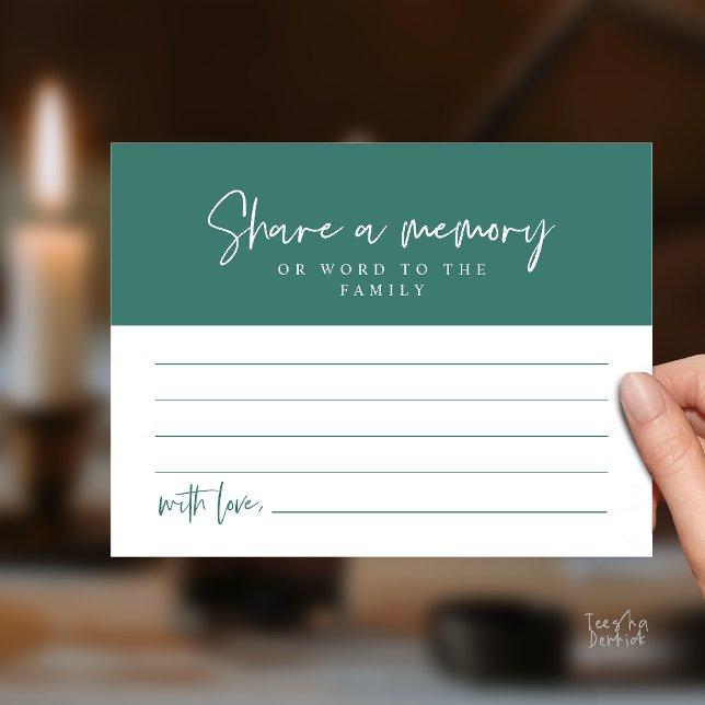 Tarjeta de servicio funerario, comparte un recuerd (Funeral Service, Share a memory Memorial Card in Teal Green)