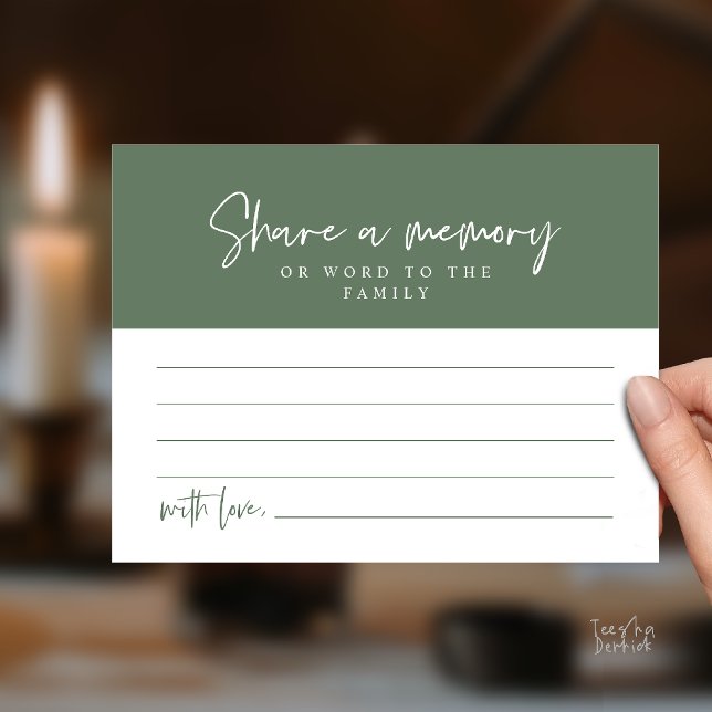 Tarjeta de servicio funerario, comparte un recuerd (Funeral Service, Share a memory Memorial Card in Sage Green)