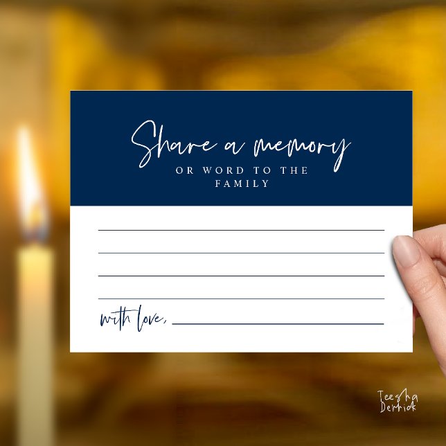 Tarjeta de servicio funerario, comparte un recuerd (Funeral Service, Share a memory Memorial Card in Navy Blue)