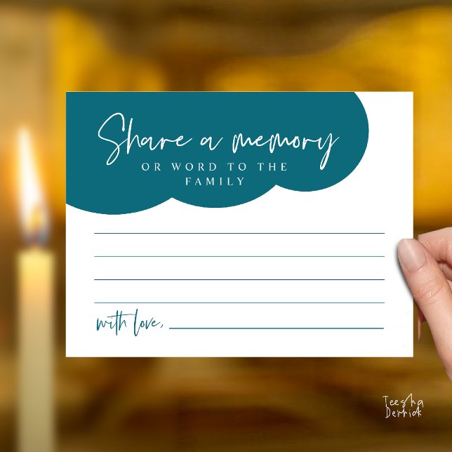 Tarjeta de servicio funerario, comparte un recuerd (Funeral Service, Share a memory Memorial, word to family Card in teal blue green)