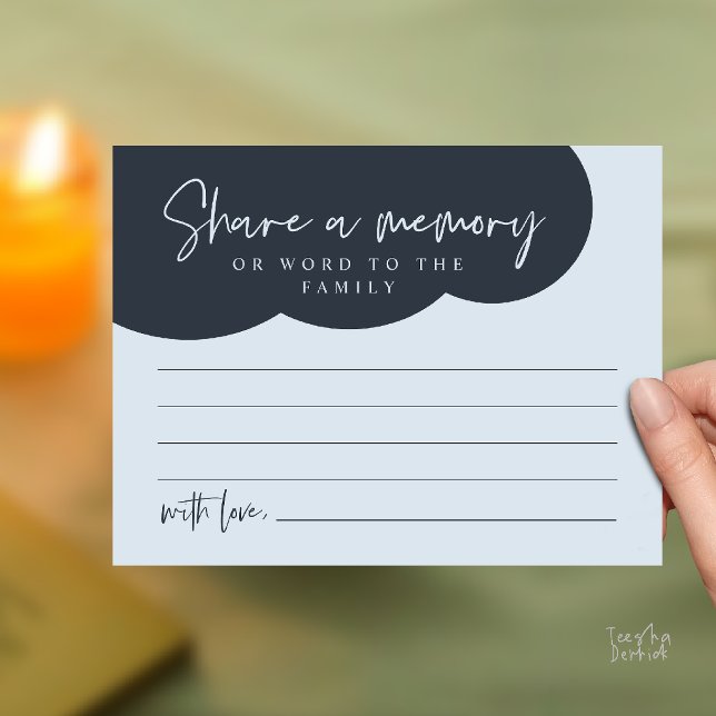 Tarjeta de servicio funerario, comparte un recuerd (Funeral Service, Share a memory Memorial, word to family Card in misty Blue)