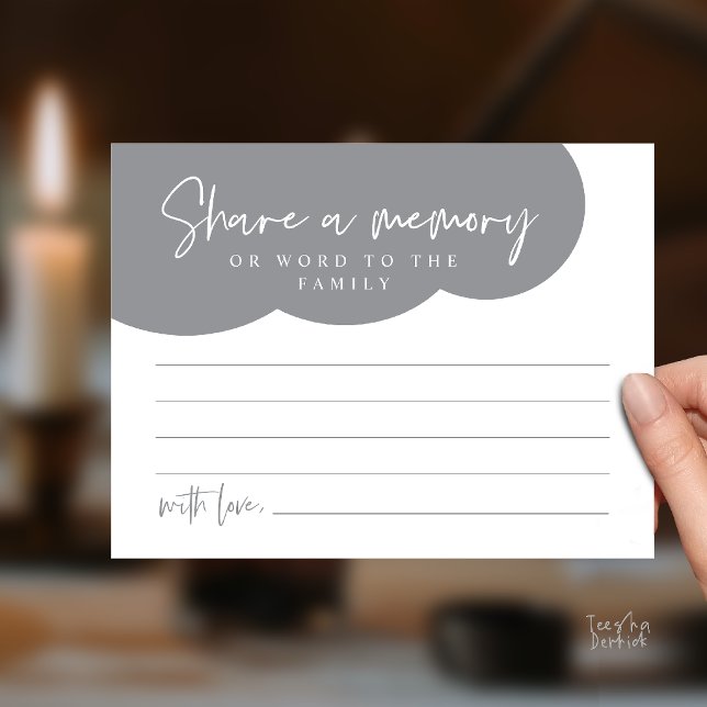 Tarjeta de servicio funerario, comparte un recuerd (Funeral Service, Share a memory Memorial, word to family Card in dark grey)