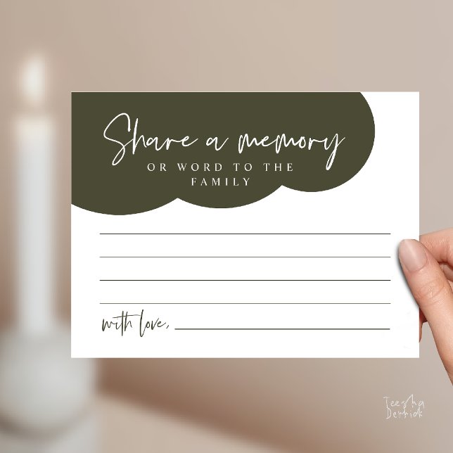 Tarjeta de servicio funerario, comparte un recuerd (Funeral Service, Share a memory Memorial, word to family Card in olive green)