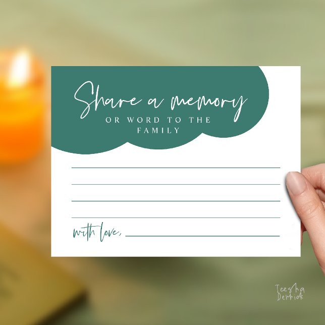 Tarjeta de servicio funerario, comparte un recuerd (Funeral Service, Share a memory Memorial, word to family Card in emerald green)