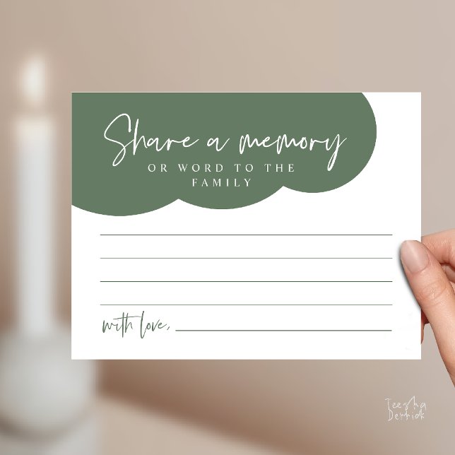 Tarjeta de servicio funerario, comparte un recuerd (Funeral Service, Share a memory Memorial, word to family Card in sage green)