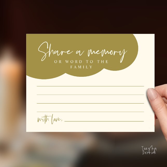 Tarjeta de servicio funerario, comparte un recuerd (Funeral Service, Share a memory Memorial, word to family Card in gold yellow cream)