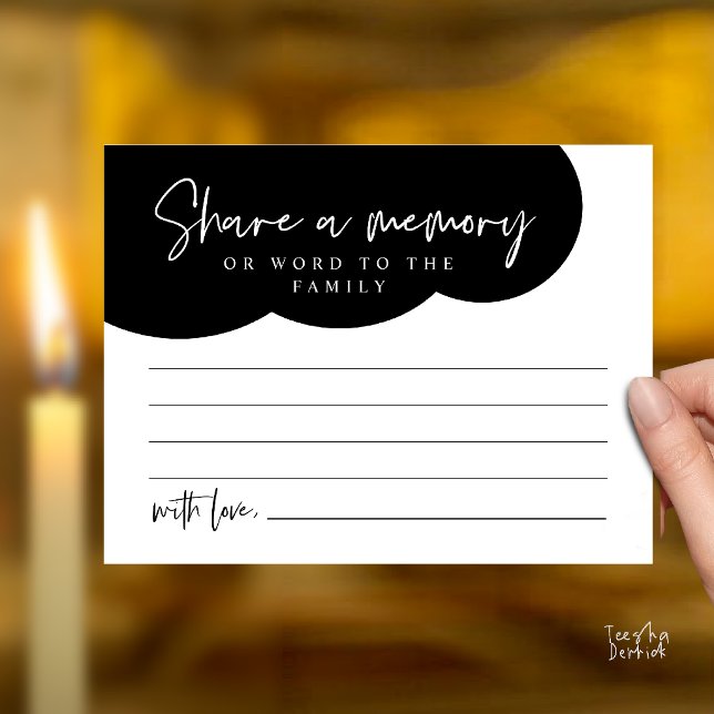 Tarjeta de servicio funerario, comparte un recuerd (Funeral Service, Share a memory Memorial, word to family Card in classy black)