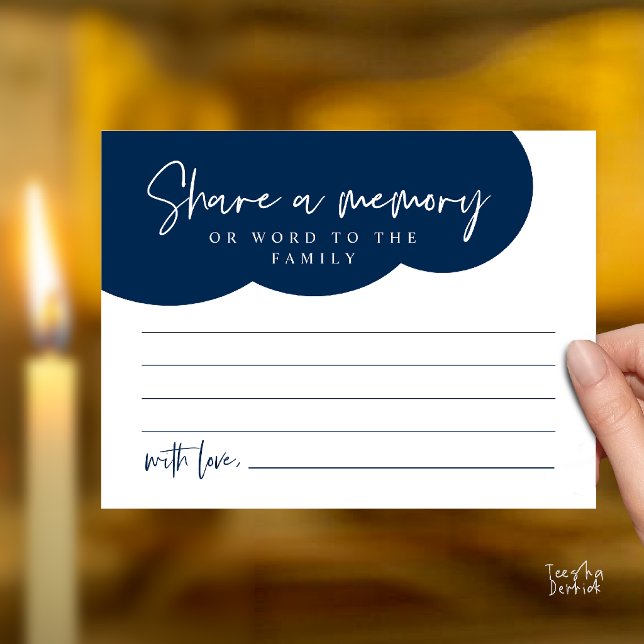 Tarjeta de servicio funerario, comparte un recuerd (Funeral Service, Share a memory Memorial, word to family Card in Navy Blue)