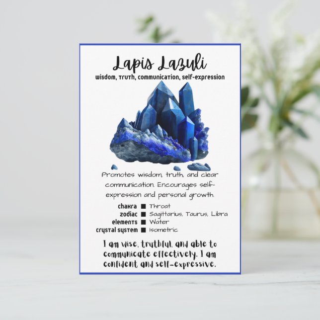 Tarjeta de significado de cristal Lapis Lazuli (Anverso de pie)
