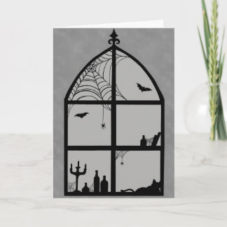 Tarjeta de silueta de ventana de Halloween