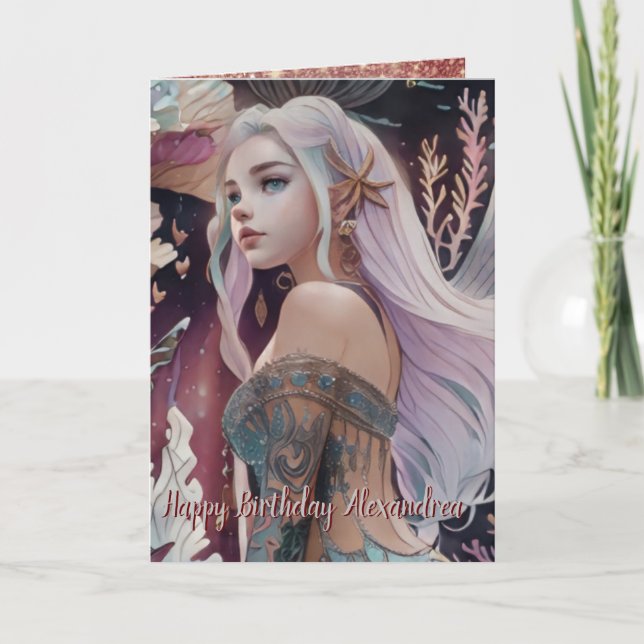Tarjeta de Sirena de Acuarela Rosa Océano Borgoña (Anverso)