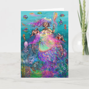 Tarjeta de sirena y medusa