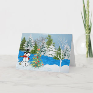 Tarjeta de Snowman en los Navidades de Woods