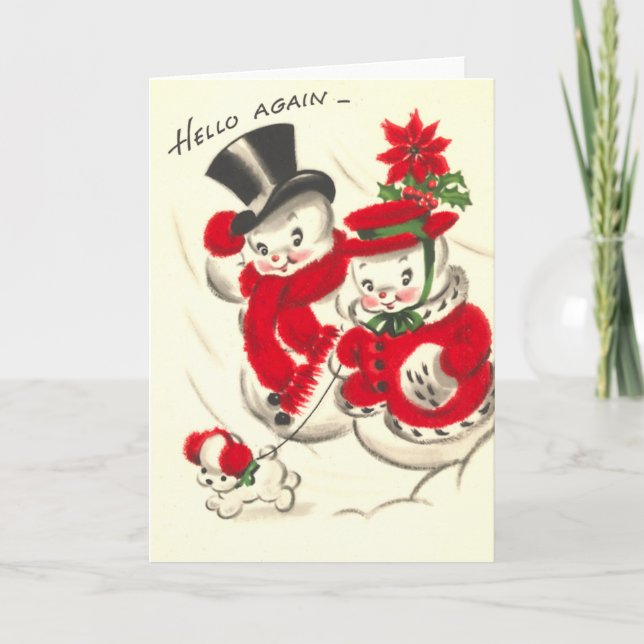 Tarjeta de Snowman y Snowwoman vintage (Anverso)