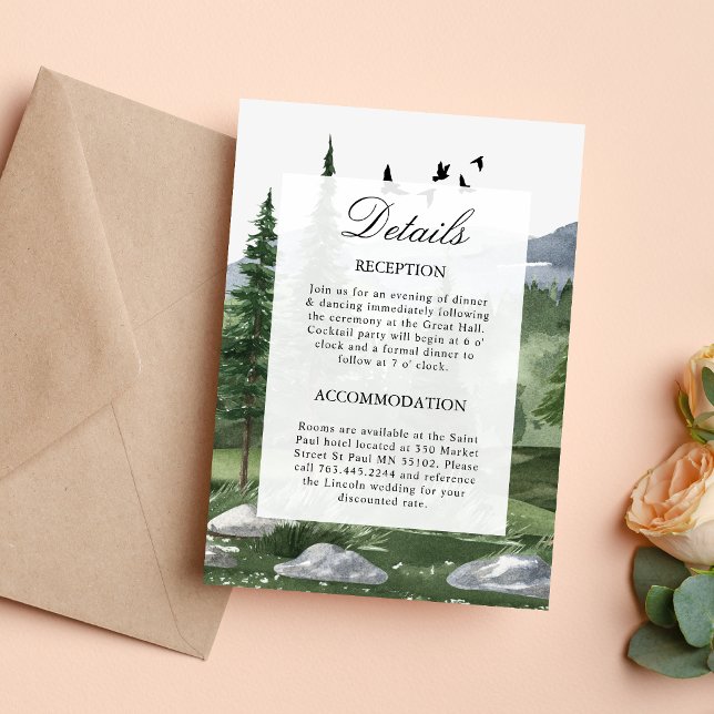 Tarjeta de Sobre para Boda con Tema de Bosque de P (Pine forest enclosure card shares details with a calm, nature-inspired wedding touch.)