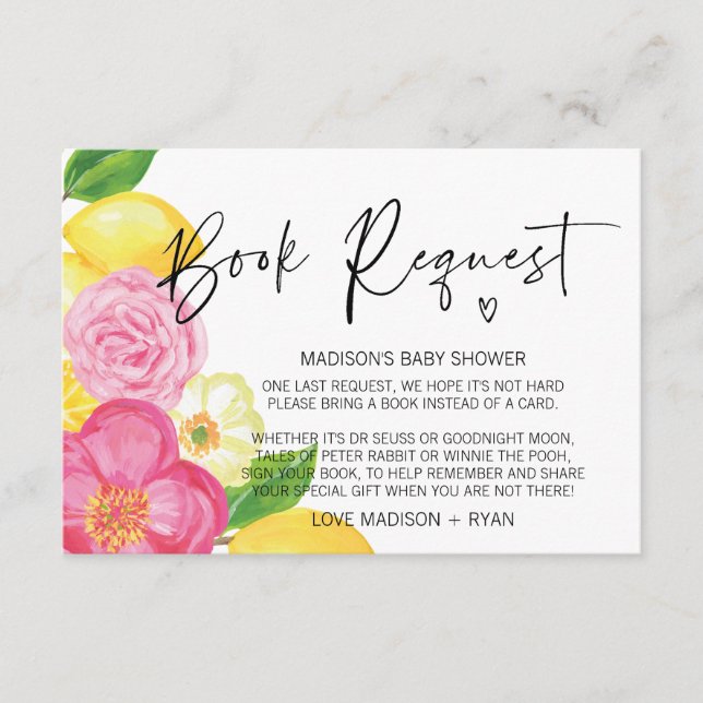 Tarjeta de solicitud de Baby Shower con limón flor (Anverso)