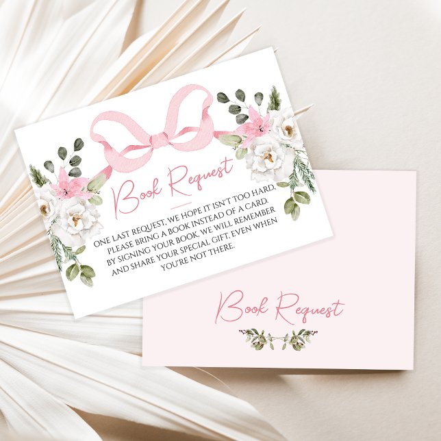 Tarjeta de solicitud de Baby Shower Croquette Pink (Pink Bow Baby Shower Book Request Inserts, Coquette Pink Bow Baby Shower Invitation, Winter Floral)