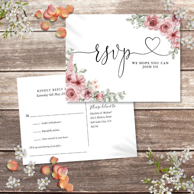 Tarjeta de solicitud de canción Dusty Rosa Floral  (Dusty Rose Floral Heart Script Song Request Card)
