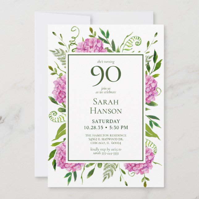 Tarjeta de Solicitud de Cumpleaños 90 con Hortensi (Anverso)