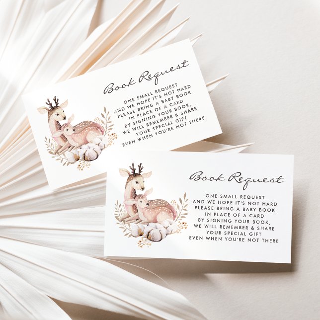 Tarjeta de solicitud de libro de mami and Baby Dee (Woodland theme book request card featuring watercolor mommy and baby deer and boho wreath.)