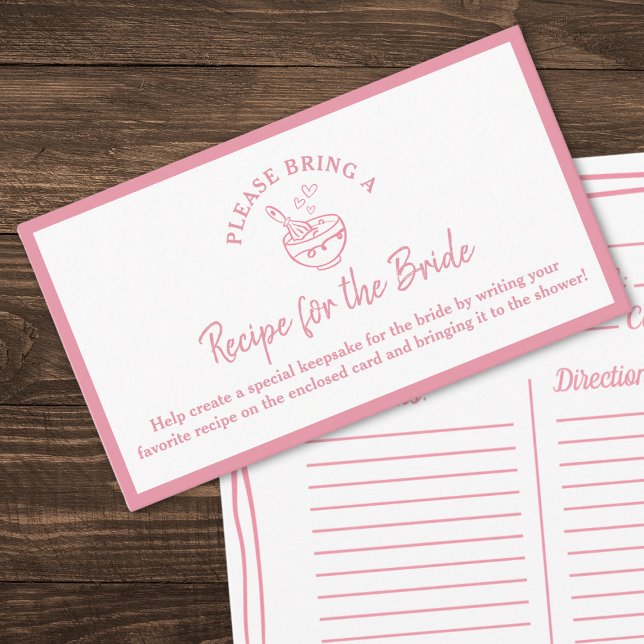 Tarjeta de solicitud de receta para ducha de novia (A chic blush pink Recipe for the Bride card—perfect for a heartfelt and memorable bridal shower!)
