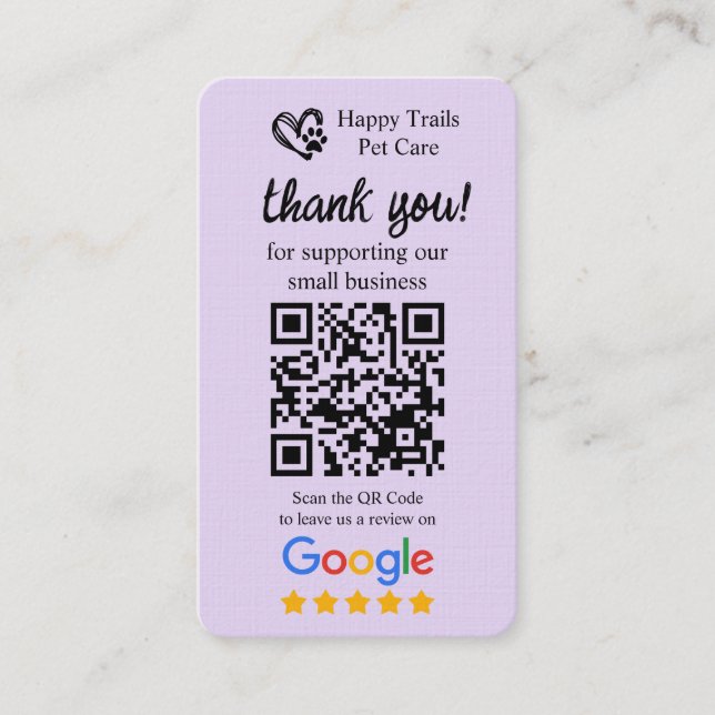 Tarjeta de solicitud de revisión de Google de Pet  (Anverso)