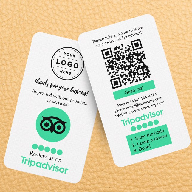 Tarjeta de solicitud de revisión de TripAdvisor co (Tripadvisor review request card with QR code and company logo that you can personalize)