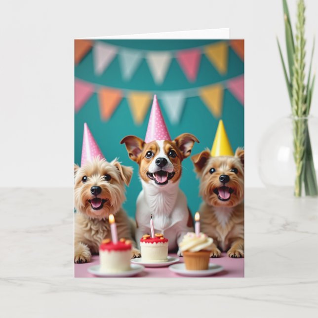 Tarjeta de sombrero de fiesta de cachorros alegres (Anverso)