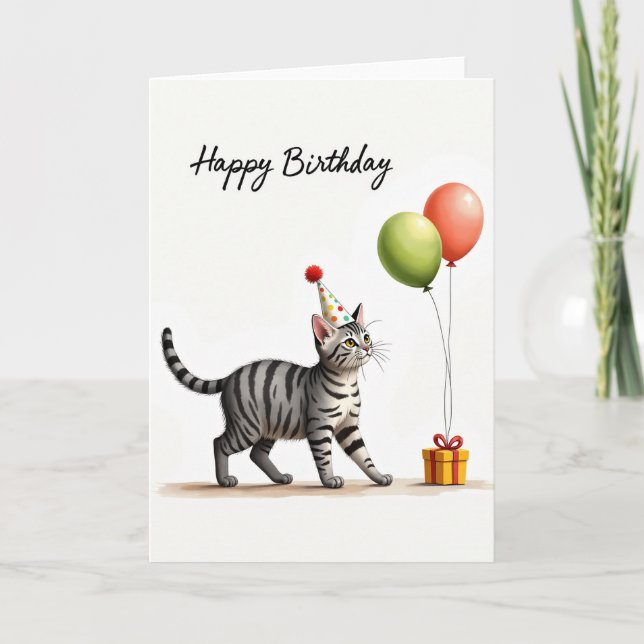 Tarjeta de sombrero de fiesta de felino a rayas (Anverso)