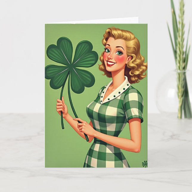Tarjeta de sonrisa de mujer retro afortunada (Anverso)