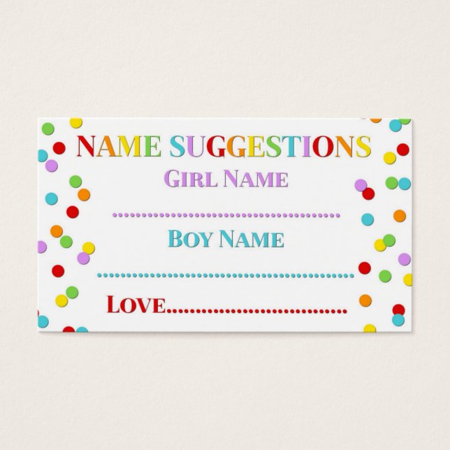 Tarjeta de sugerencia de nombre Baby Shower Rainbo (Frente)