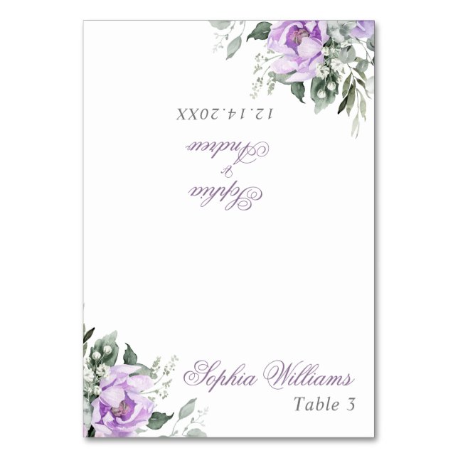 Tarjeta de tabla Boda Eucalyptus Violet Flowers (Anverso)