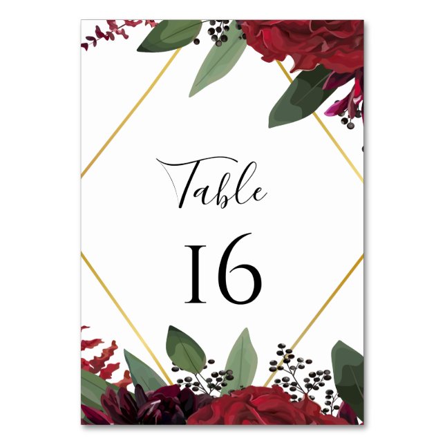 Tarjeta de tabla boda | Floral Burgundy Marsala (Anverso)