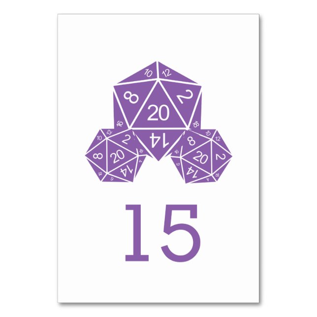 Tarjeta de tabla Boda Purple D20 dados (Anverso)