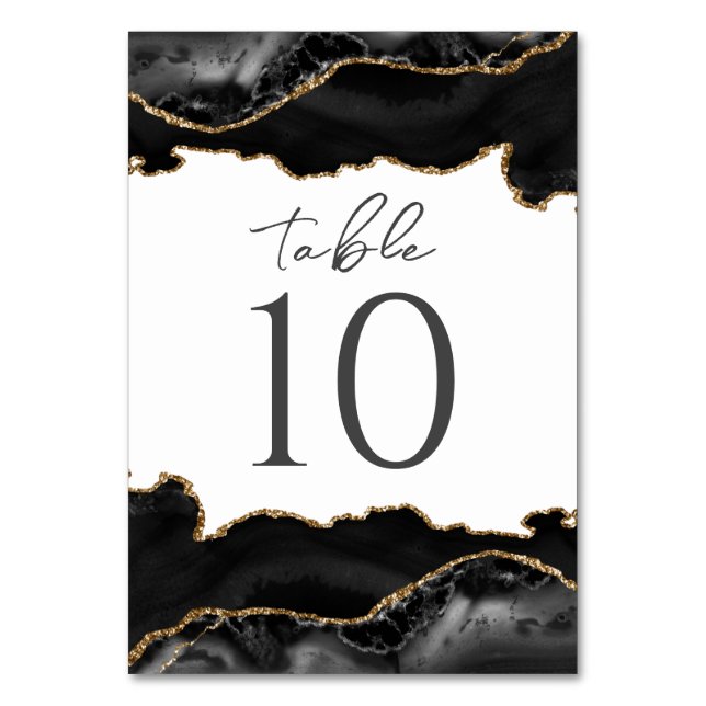Tarjeta de tabla de Boda de Agate Negro y Oro (Anverso)