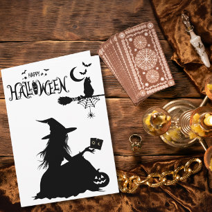 Tarjeta de Tarot de Bruja Gótica con Gato Lindo de