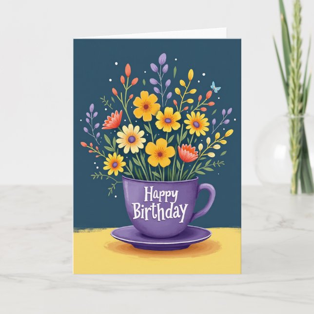 Tarjeta de taza de té de cumpleaños alegre (Anverso)