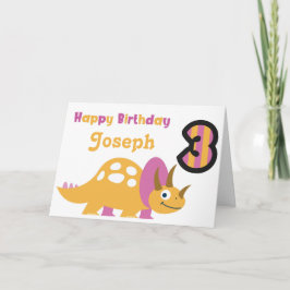 Tarjeta de tercer cumpleaños de dinosaurio amarill