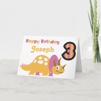 Tarjeta de tercer cumpleaños de dinosaurio amarill