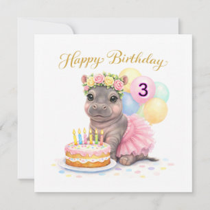 Tarjeta de tercer cumpleaños para niñas Hipopótamo