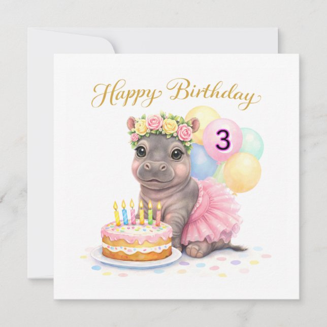 Tarjeta de tercer cumpleaños para niñas Hipopótamo (Anverso)
