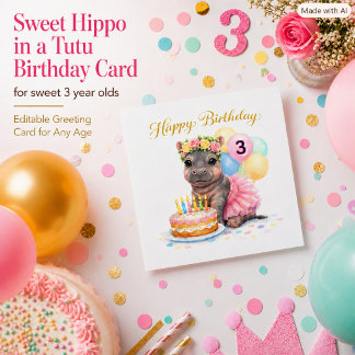 Tarjeta de tercer cumpleaños para niñas Hipopótamo