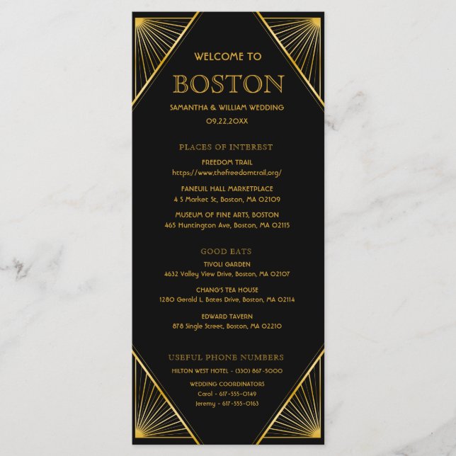 Tarjeta de tiempo Boda Gatsby Art Deco (Anverso)