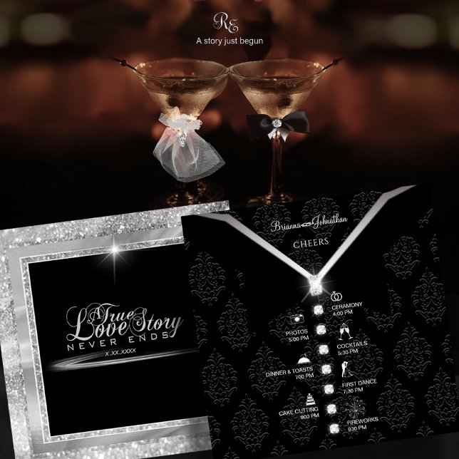 Tarjeta de tiempo de diamante de marea negra (Black Tie Diamond Timeline Card front and back view showcasing full wedding itinerary design.)