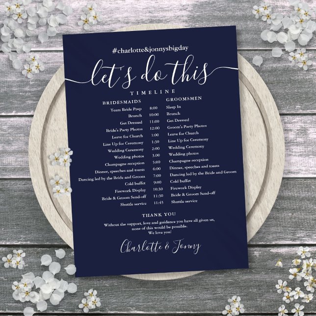 Tarjeta de tiempo de programación de Boda azul de  (Navy Blue Wedding Schedule Timeline Card)