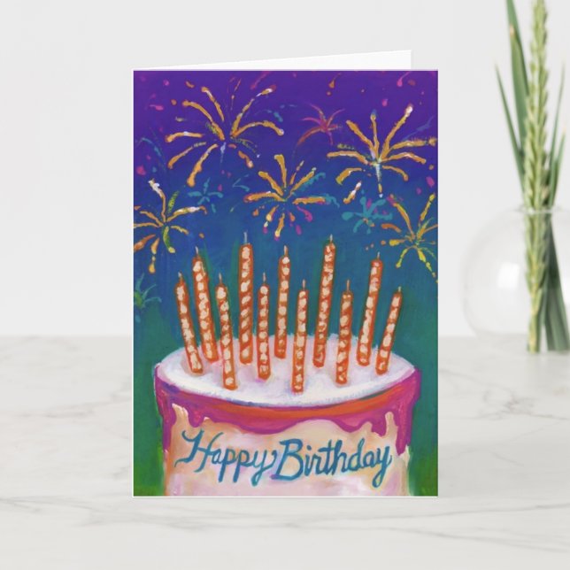 Tarjeta de torta de cumpleaños de Fireworks (Anverso)