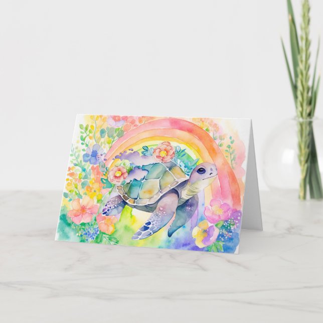 Tarjeta de tortuga marina floral Pastel Rainbow Wa (Anverso)