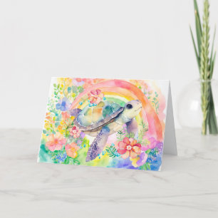 Tarjeta de tortuga marina floral Pastel Rainbow Wa