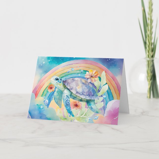 Tarjeta de tortuga marina floral Pastel Rainbow Wa (Anverso)